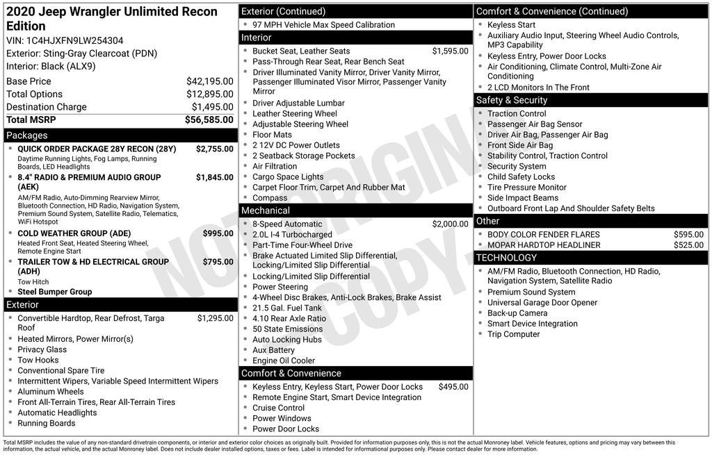 2020 Jeep Wrangler Unlimited Rubicon Recon 4X4