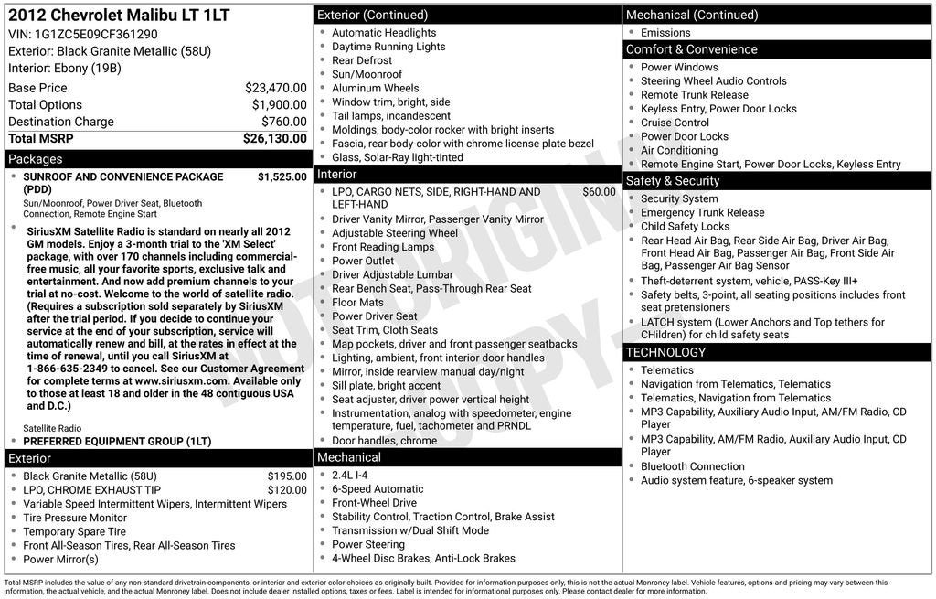 2012 Chevrolet Malibu LT w/1LT