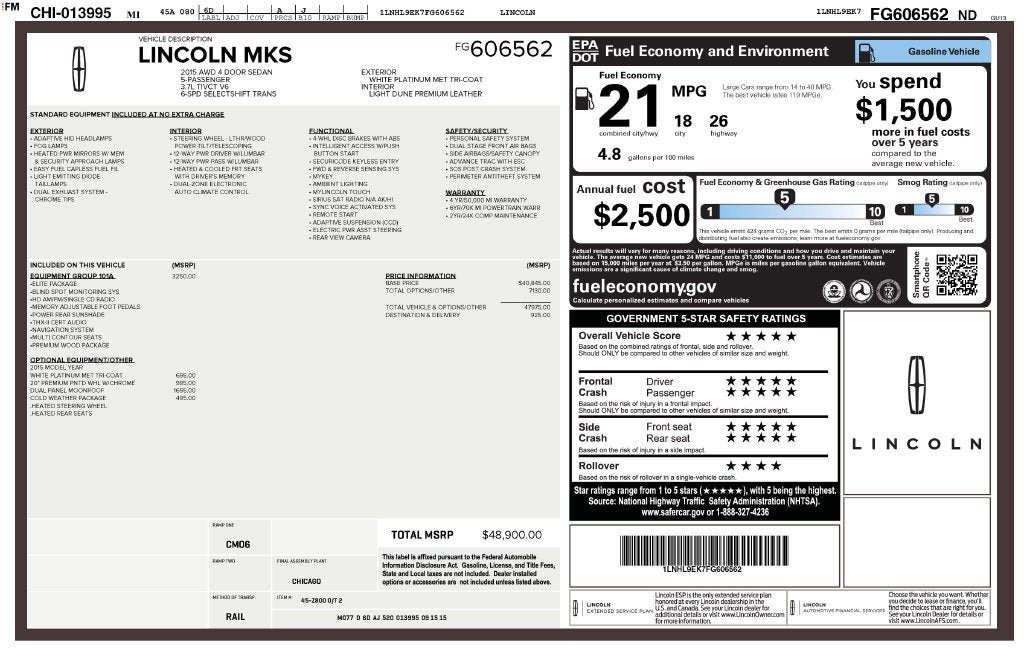 2015 Lincoln MKS 4DR SDN 3.7L AWD