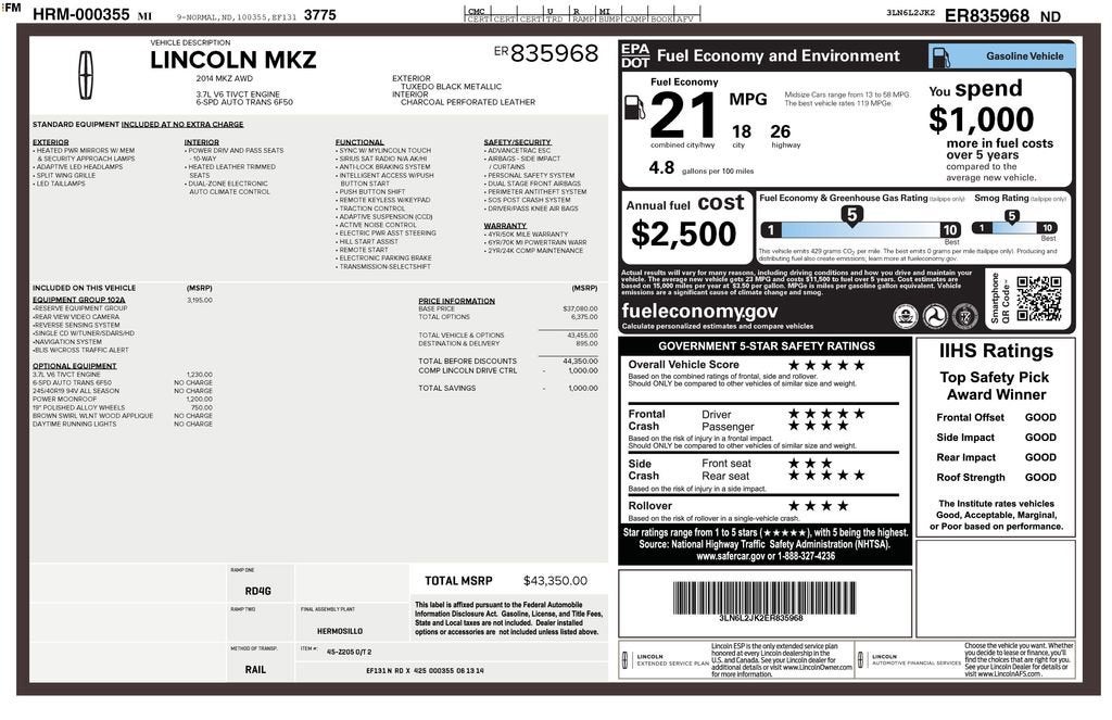 2014 Lincoln MKZ 4DR SDN AWD