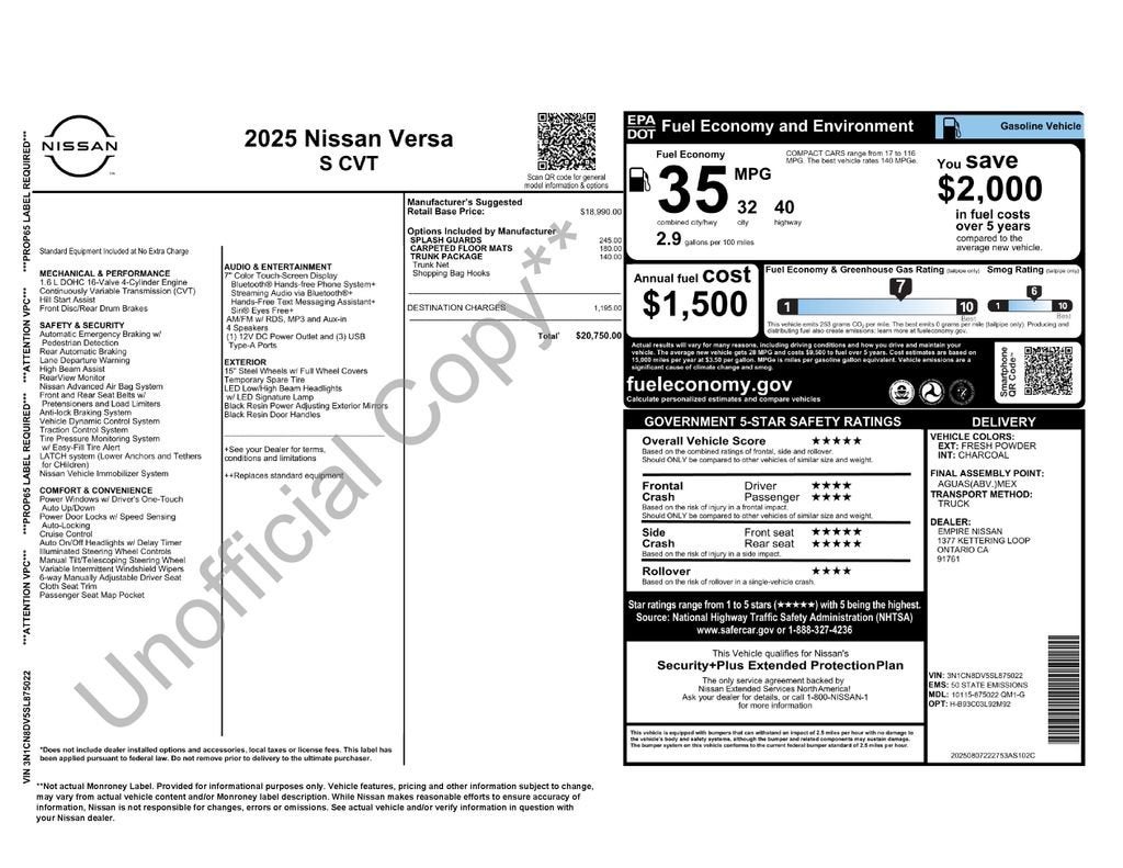2025 Nissan Versa 1.6 S