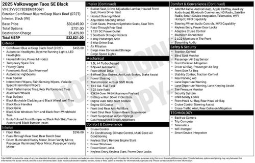 2025 Volkswagen Taos 1.5T SE Black