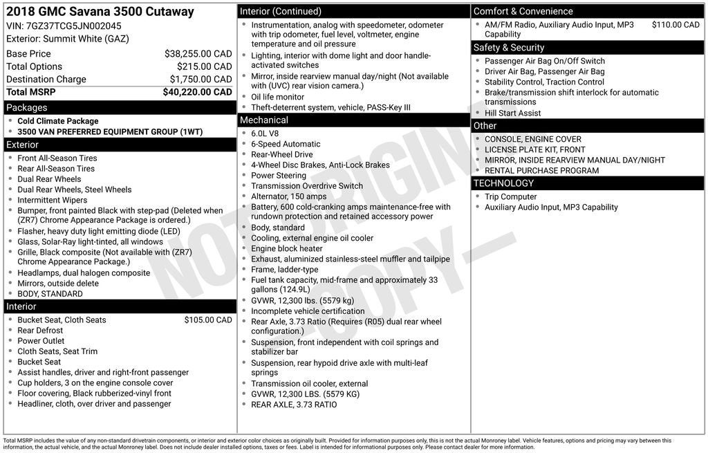 2018 GMC Savana Cutaway 3500 VAN 159"